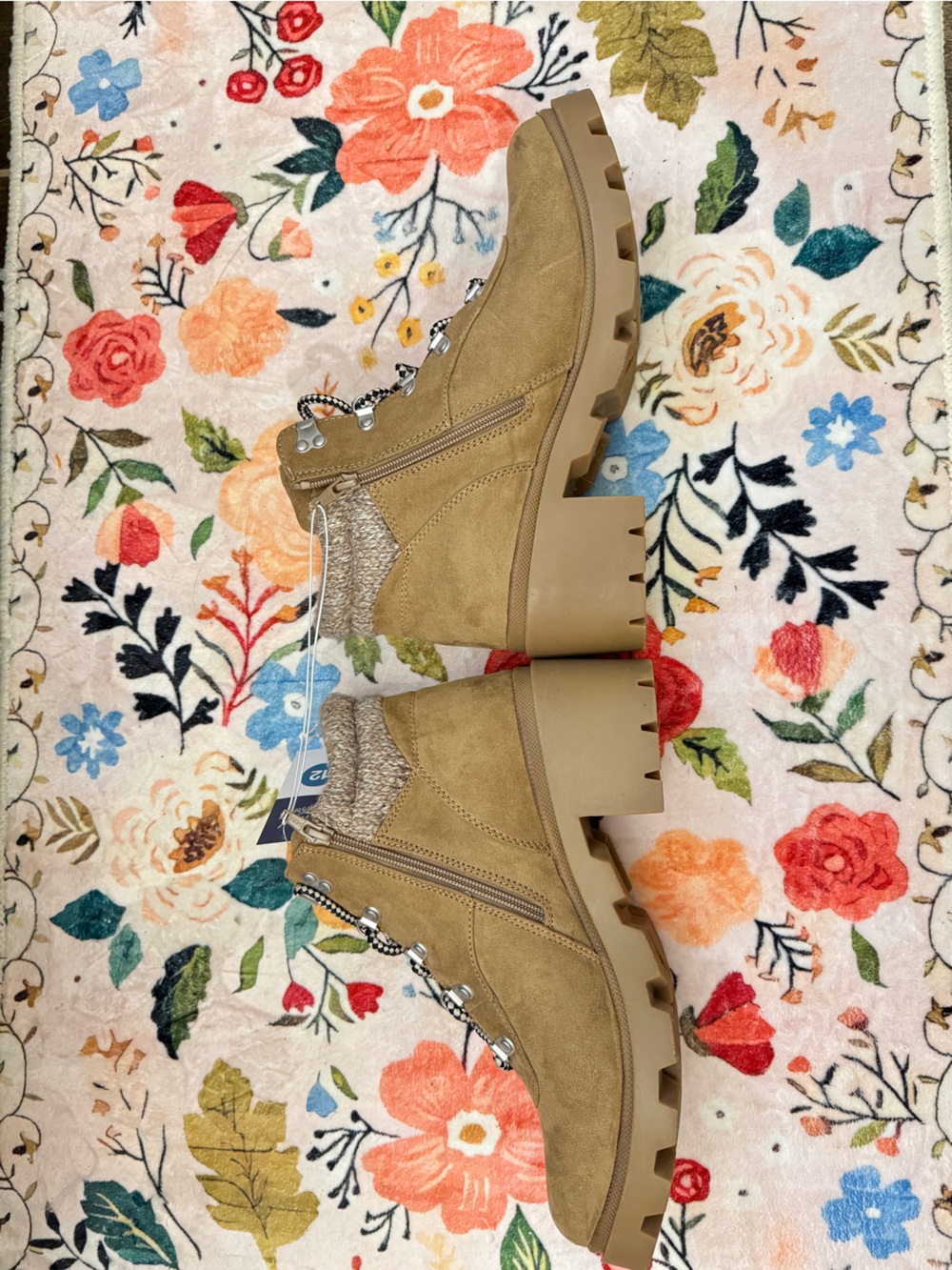 Universal Tan Chunky Lug Ankle Boots with Knit Ankle